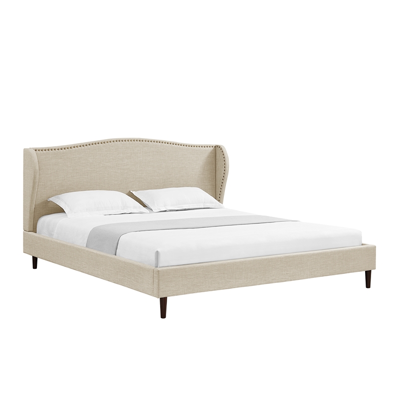 Posh Living Adelyne Linen & Solid Wood Platform Bed King Size in Brown/Beige