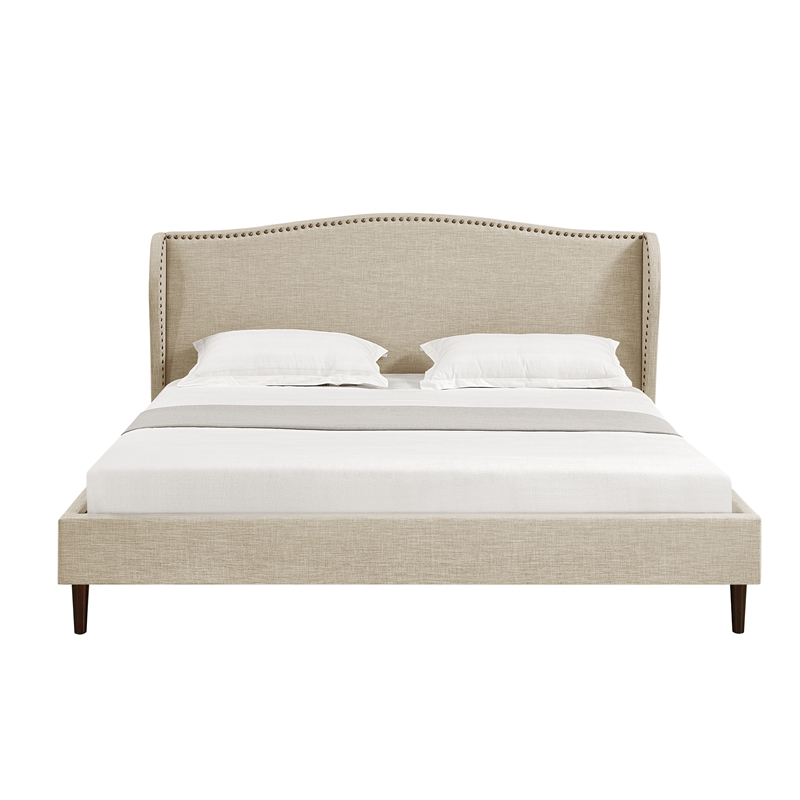 Posh Living Adelyne Linen & Solid Wood Platform Bed King Size in Brown/Beige