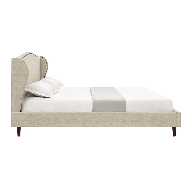 Posh Living Adelyne Linen & Solid Wood Platform Bed King Size in Brown/Beige