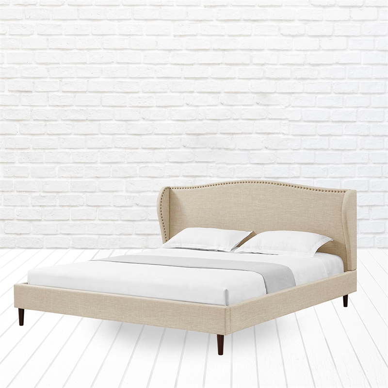 Posh Living Adelyne Linen & Solid Wood Platform Bed King Size in Brown/Beige