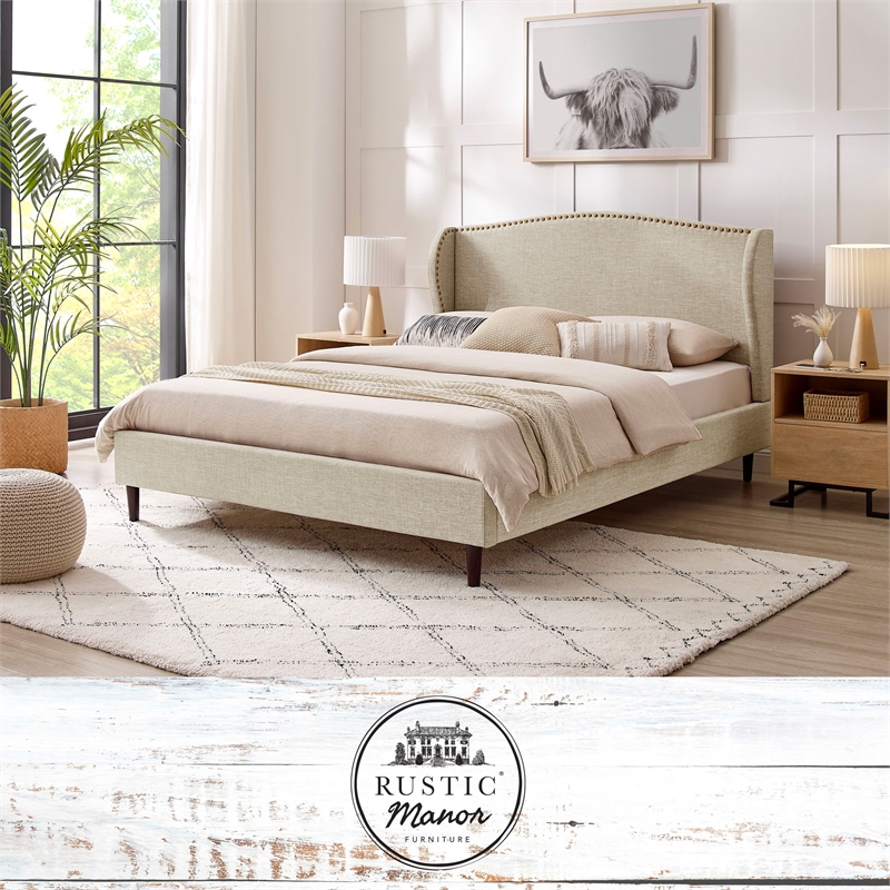 Posh Living Adelyne Linen & Solid Wood Platform Bed King Size in Brown/Beige
