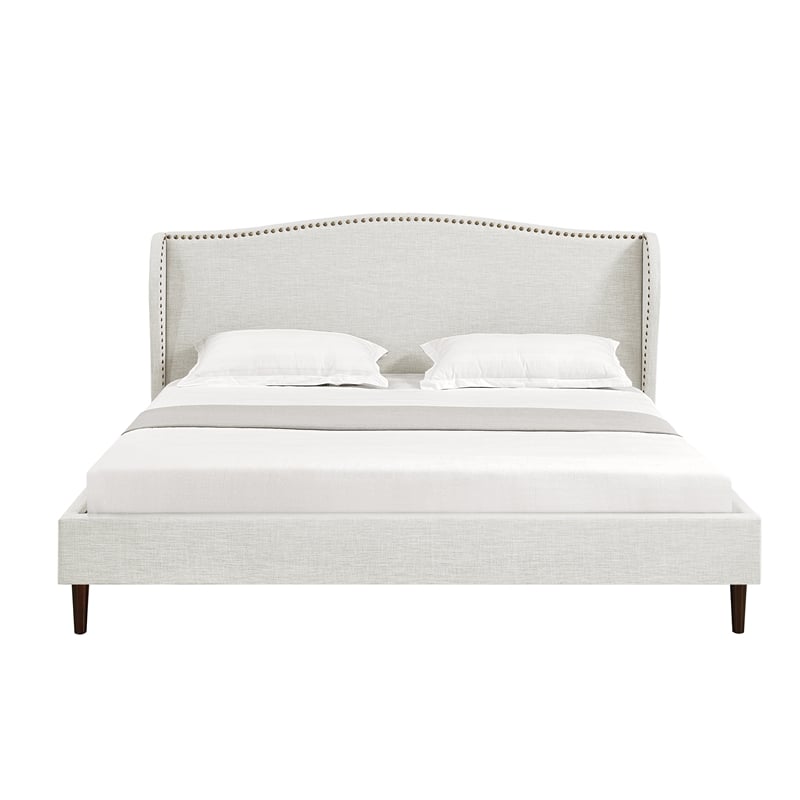Posh Living Adelyne Linen & Solid Wood Platform Bed King Size in Cream White