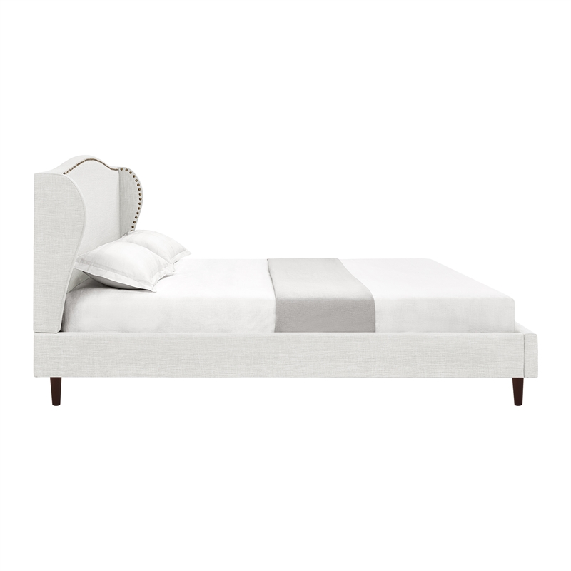Posh Living Adelyne Linen & Solid Wood Platform Bed King Size in Cream White