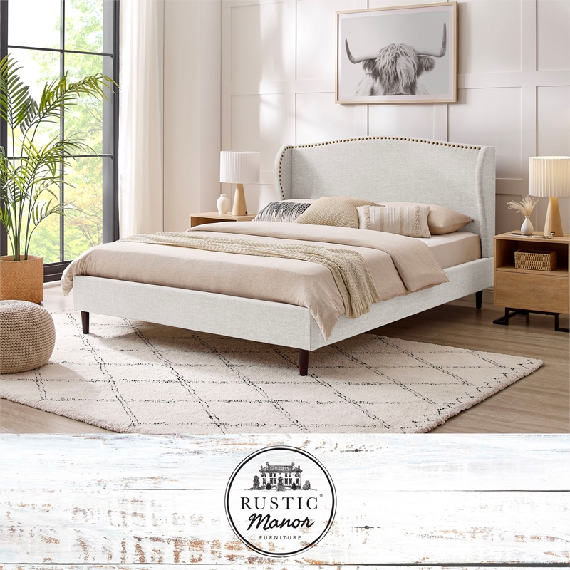 Posh Living Adelyne Linen & Solid Wood Platform Bed King Size in Cream White