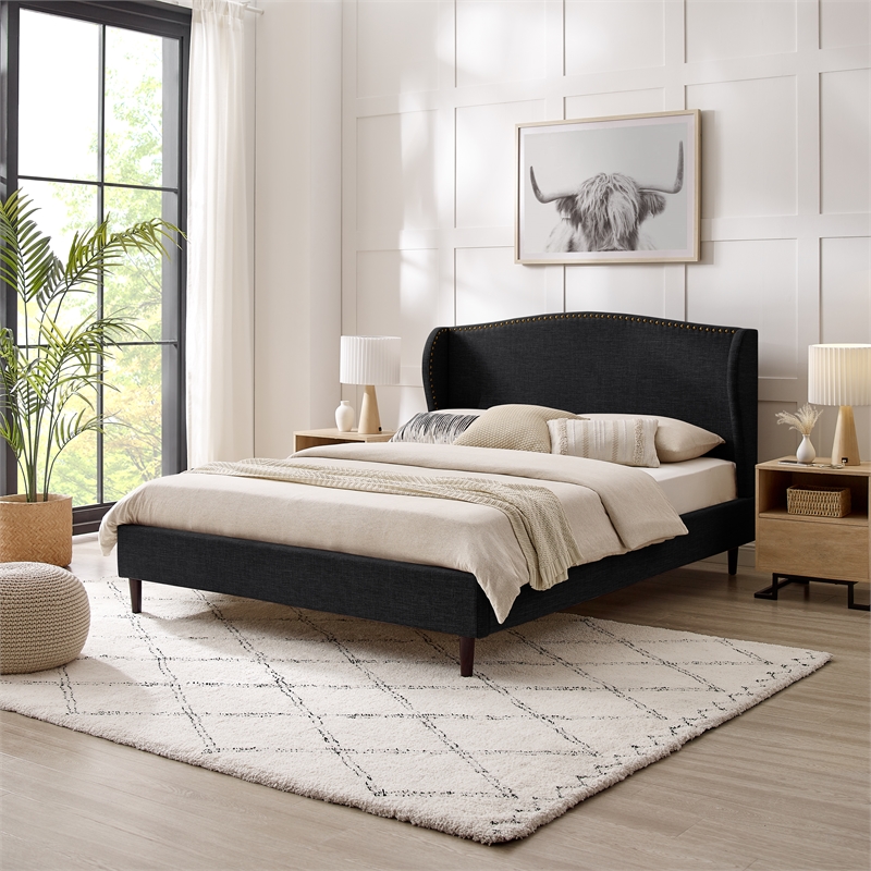 Posh Living Adelyne Linen & Solid Wood Platform Bed Queen Size in Gray/Charcoal