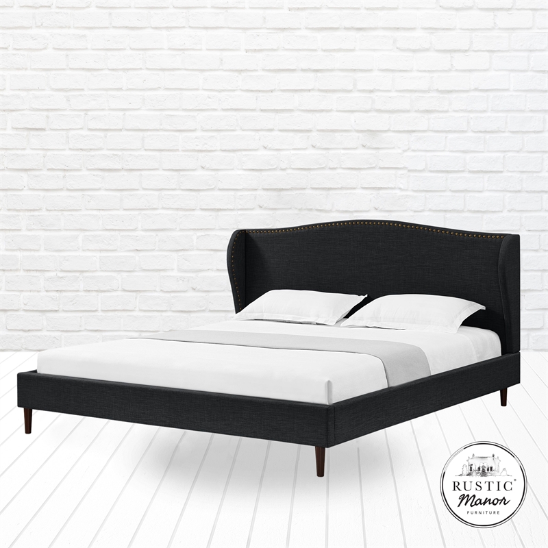 Posh Living Adelyne Linen & Solid Wood Platform Bed Queen Size in Gray/Charcoal