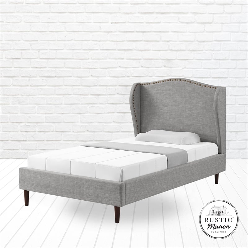 Posh Living Adelyne Linen & Solid Wood Platform Bed Full Size in Gray