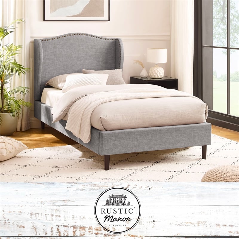Posh Living Adelyne Linen & Solid Wood Platform Bed Full Size in Gray