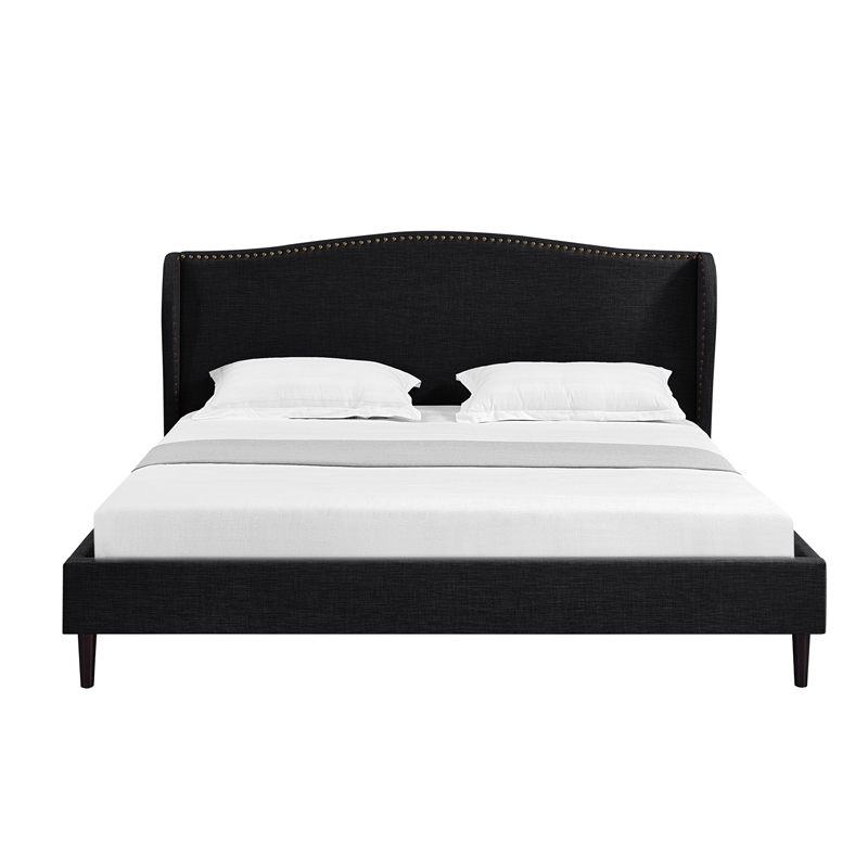 Posh Living Adelyne Linen & Solid Wood Platform Bed King Size in Gray/Charcoal