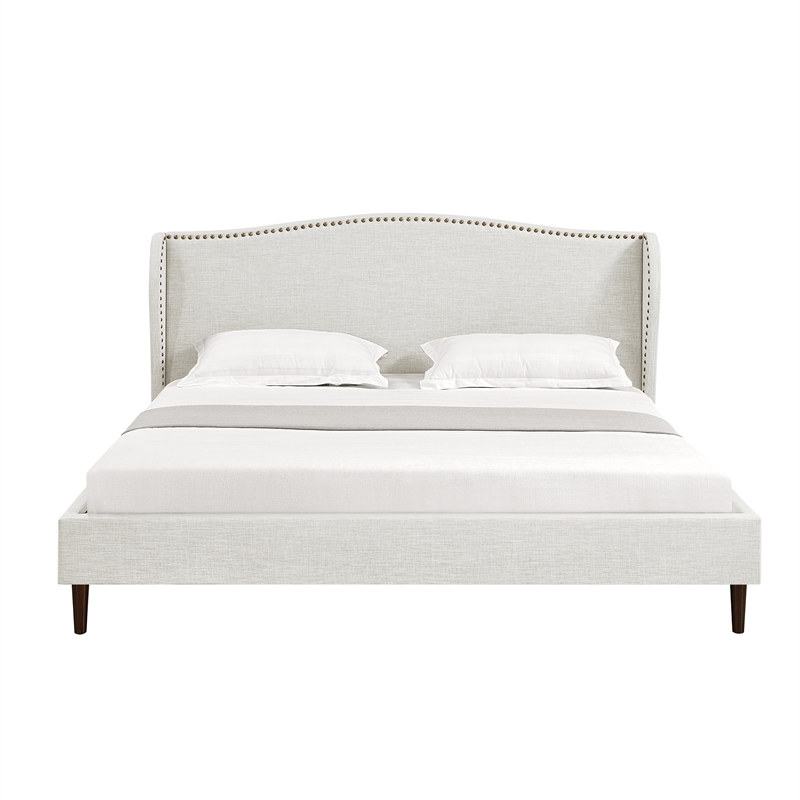 Posh Living Adelyne Linen & Solid Wood Platform Bed Queen Size in Cream White