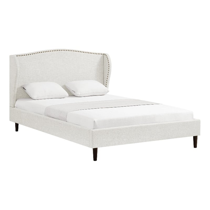 Posh Living Adelyne Linen & Solid Wood Platform Bed Queen Size in Cream White