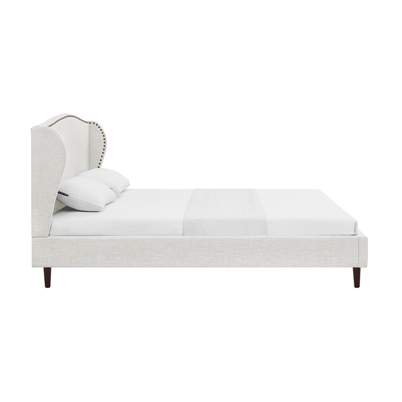 Posh Living Adelyne Linen & Solid Wood Platform Bed Queen Size in Cream White