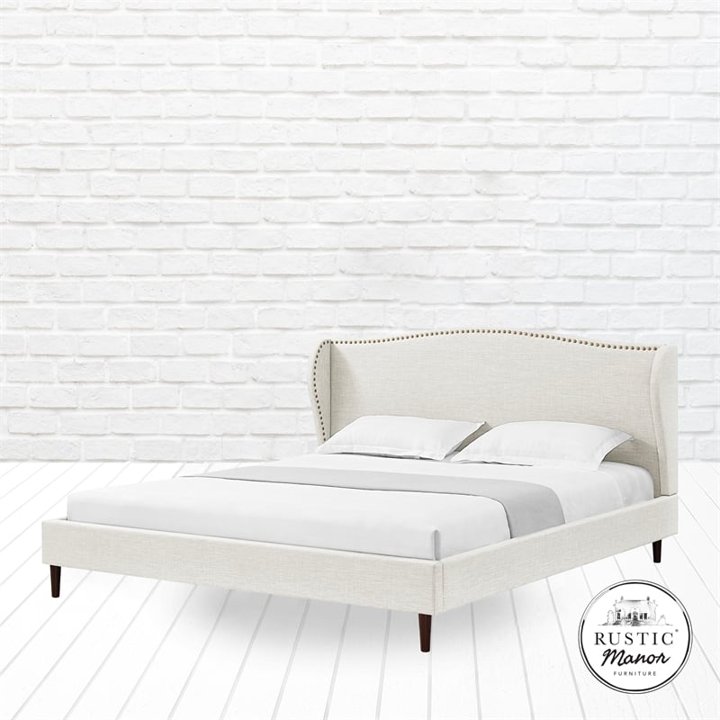 Posh Living Adelyne Linen & Solid Wood Platform Bed Queen Size in Cream White