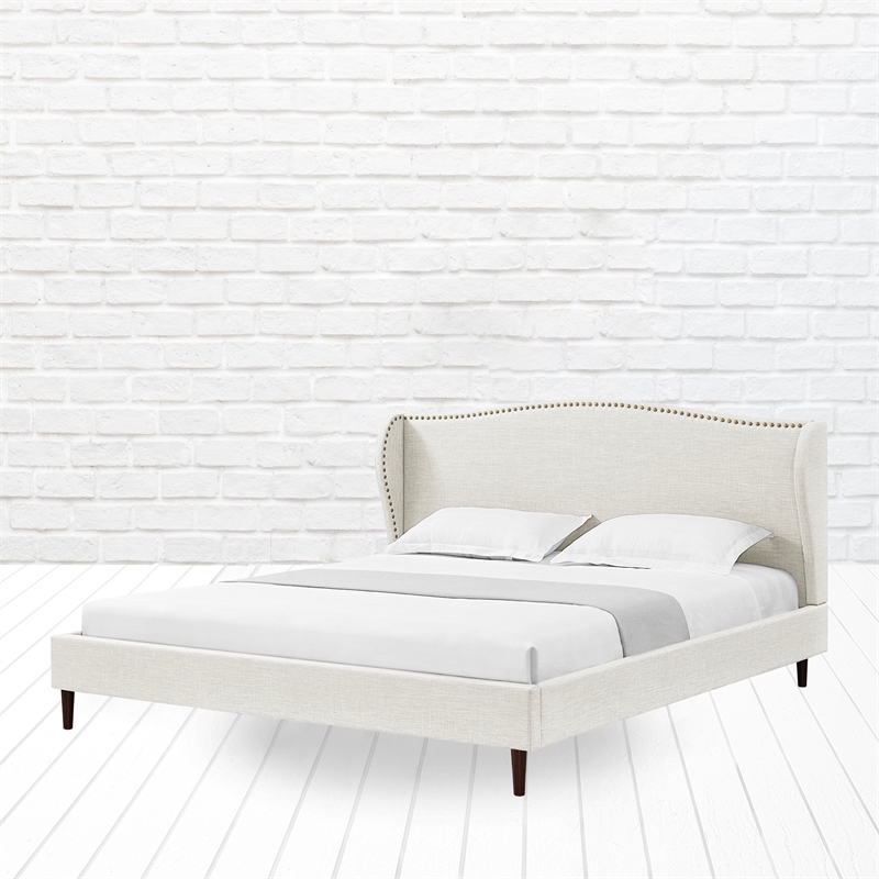 Posh Living Adelyne Linen & Solid Wood Platform Bed Queen Size in Cream White