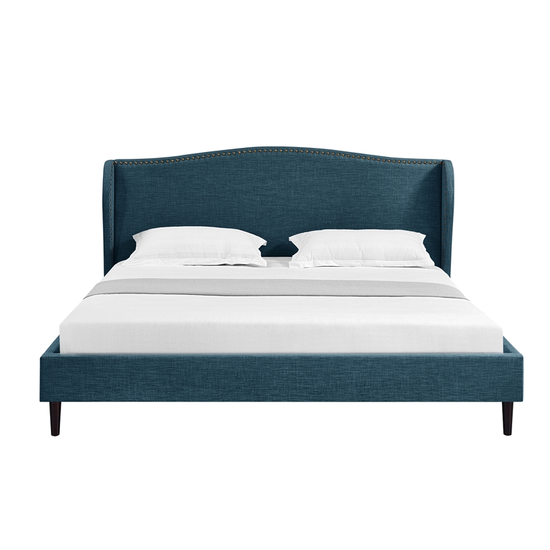 Posh Living Adelyne Linen & Solid Wood Platform Bed King Size in Navy Blue