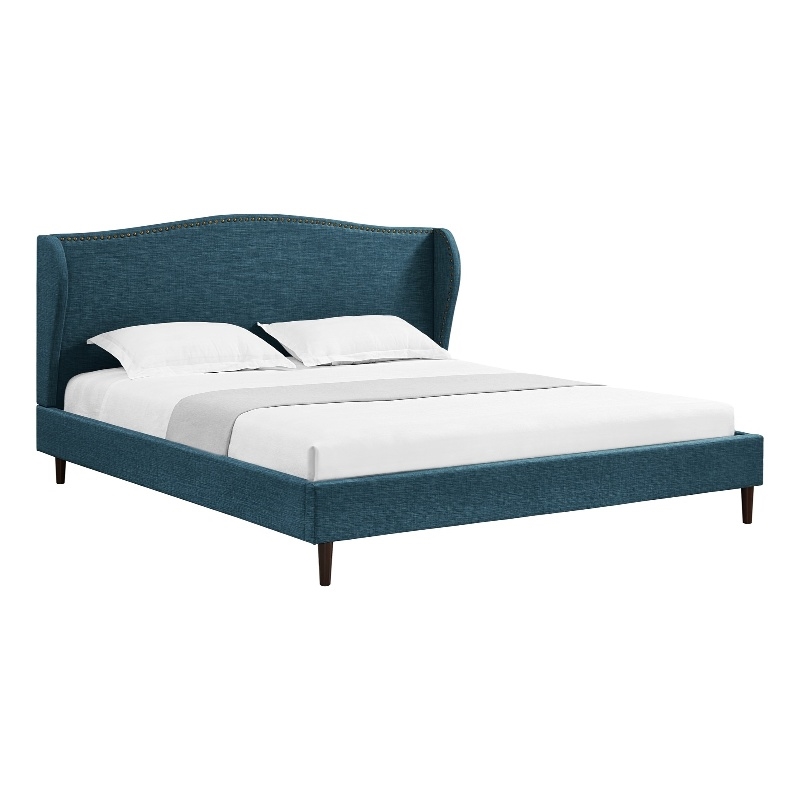 Posh Living Adelyne Linen & Solid Wood Platform Bed King Size in Navy Blue