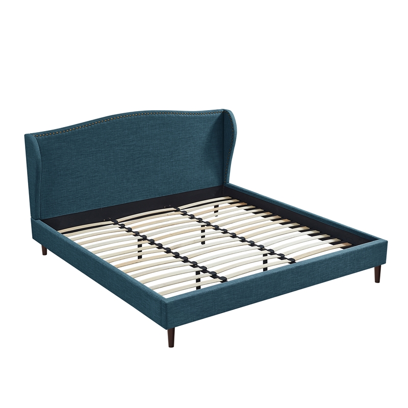 Posh Living Adelyne Linen & Solid Wood Platform Bed King Size in Navy Blue
