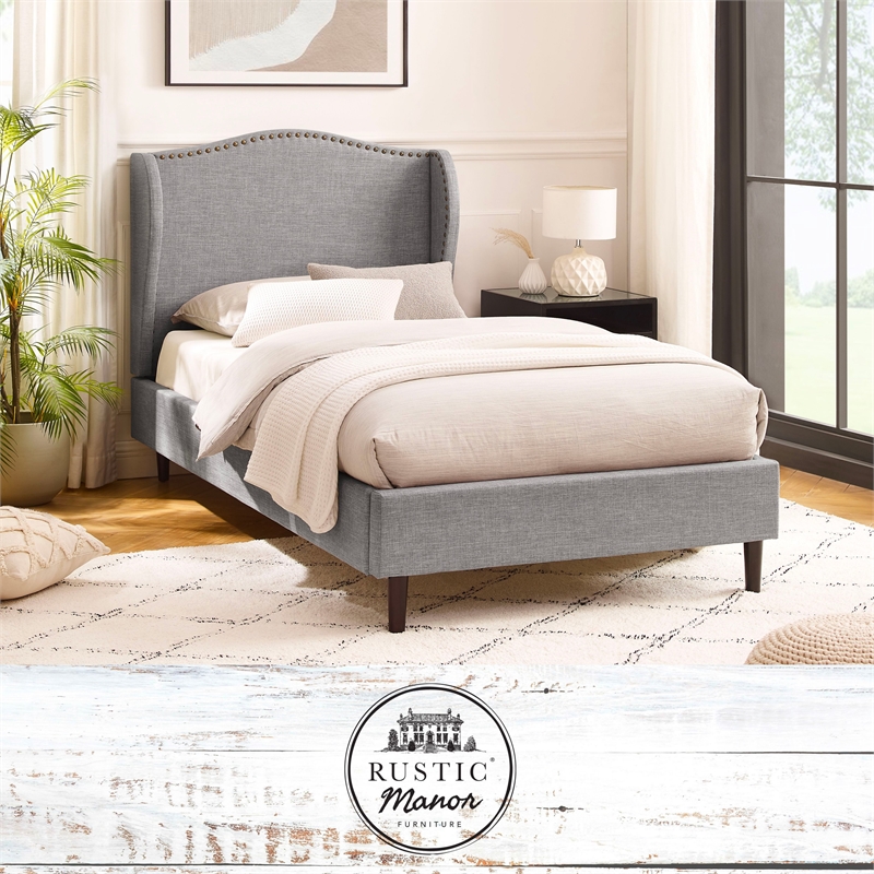 Posh Living Adelyne Linen & Solid Wood Platform Bed Twin XL Size in Gray