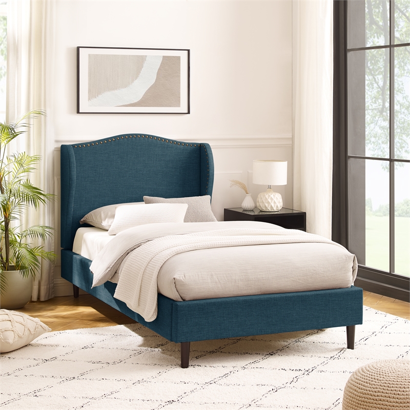 Posh Living Adelyne Linen & Solid Wood Platform Bed Twin XL Size in Navy Blue