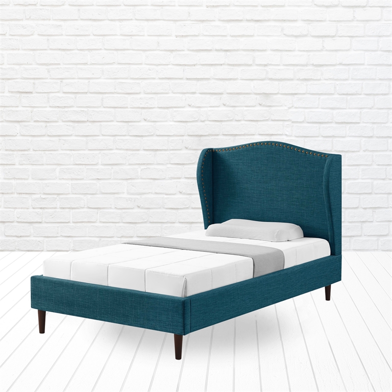 Posh Living Adelyne Linen & Solid Wood Platform Bed Twin XL Size in Navy Blue