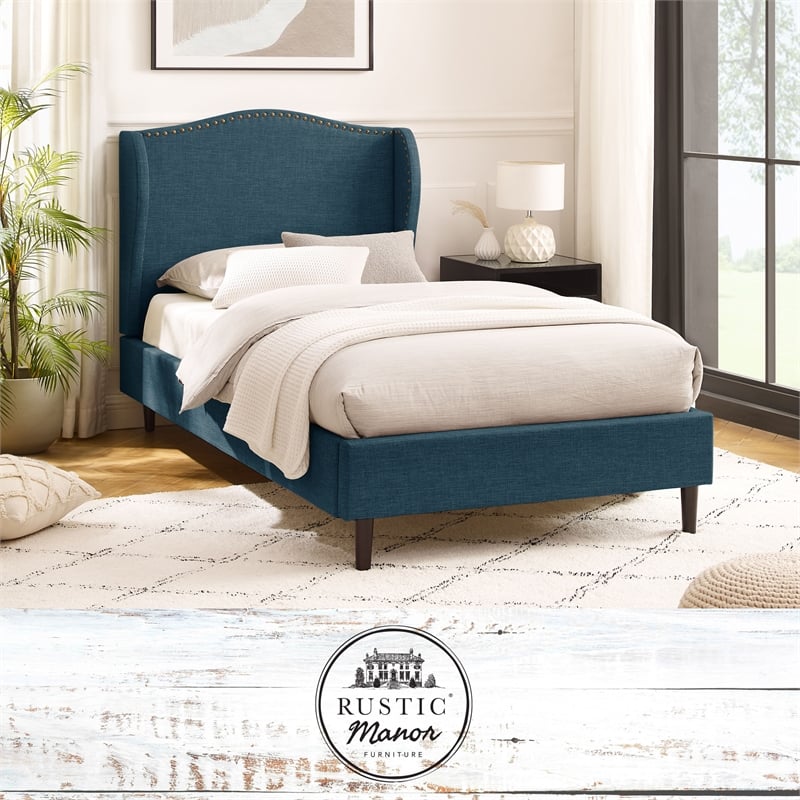Posh Living Adelyne Linen & Solid Wood Platform Bed Twin XL Size in Navy Blue