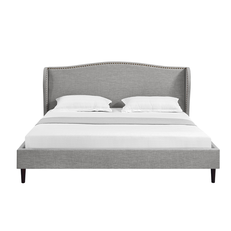Posh Living Adelyne Linen & Solid Wood Platform Bed King Size in Gray