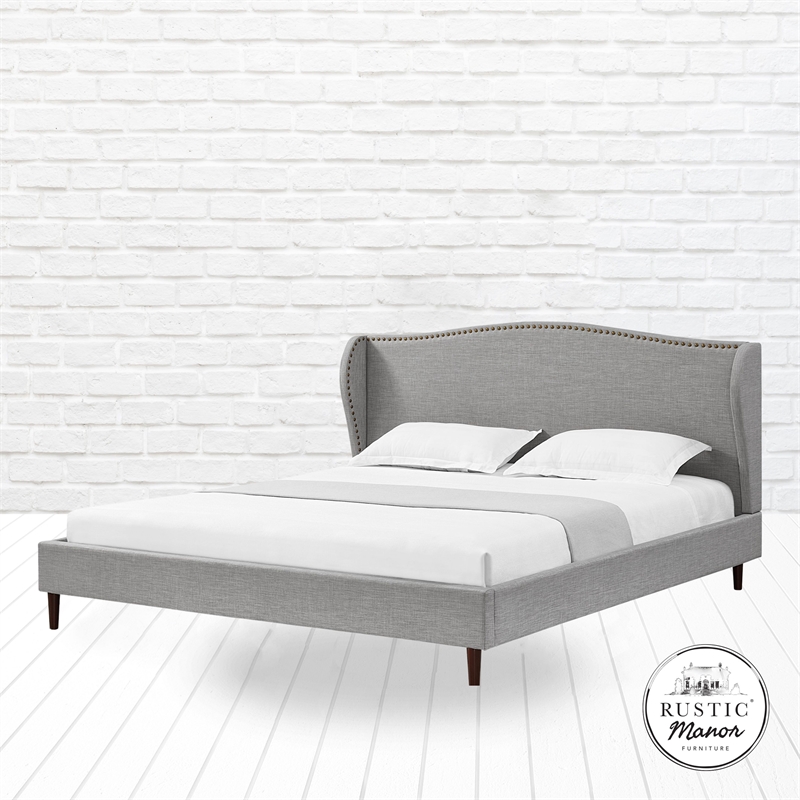 Posh Living Adelyne Linen & Solid Wood Platform Bed King Size in Gray