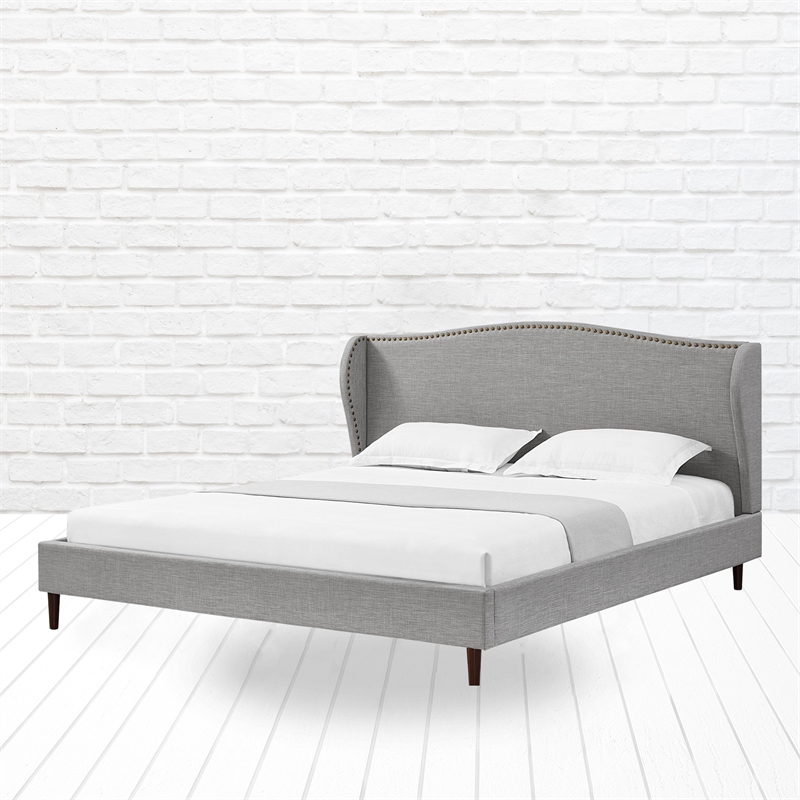 Posh Living Adelyne Linen & Solid Wood Platform Bed King Size in Gray