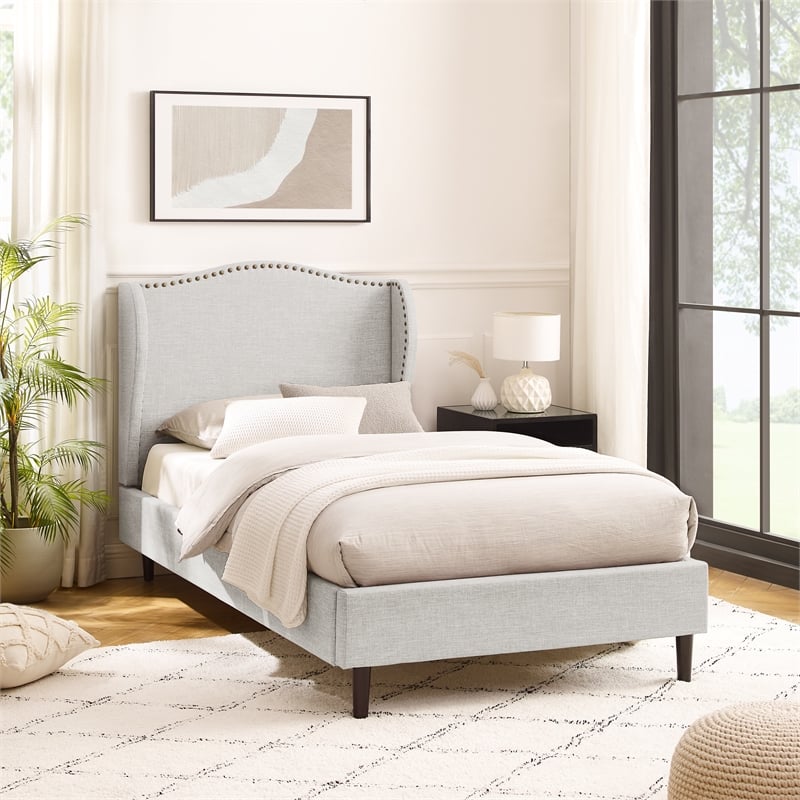 Posh Living Adelyne Linen & Solid Wood Platform Bed Twin XL Size in Cream White