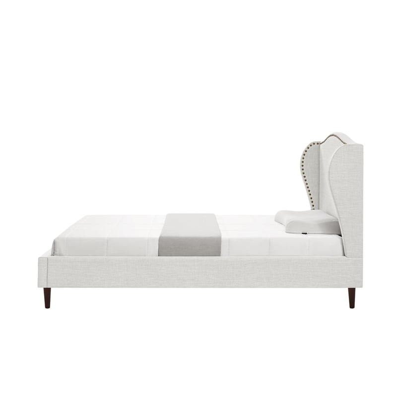 Posh Living Adelyne Linen & Solid Wood Platform Bed Twin XL Size in Cream White