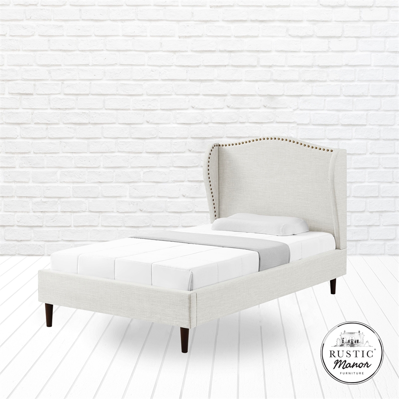 Posh Living Adelyne Linen & Solid Wood Platform Bed Twin XL Size in Cream White