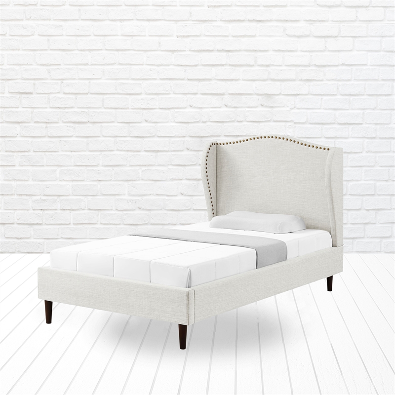 Posh Living Adelyne Linen & Solid Wood Platform Bed Twin XL Size in Cream White