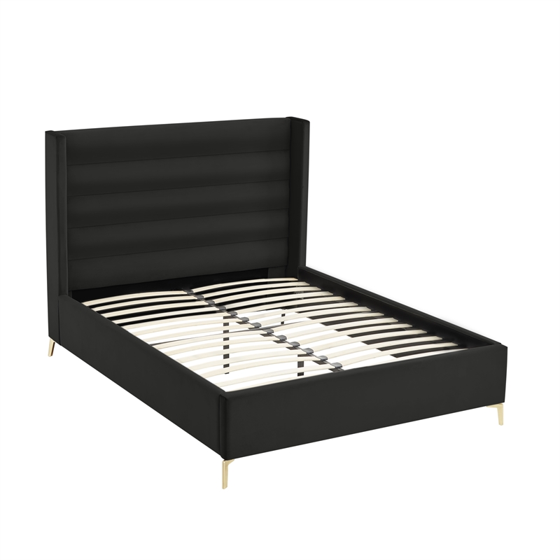 Posh Living Kaeson Upholstered Velvet & Wood Queen Platform Bed in Black