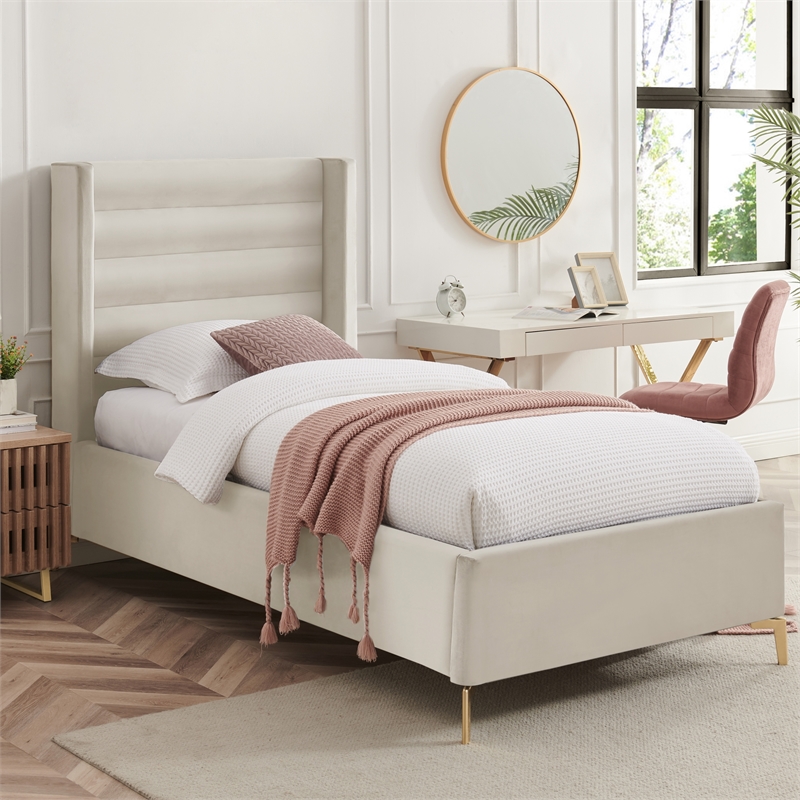Posh Living Kaeson Upholstered Velvet & Wood Twin XL Platform Bed in Cream White