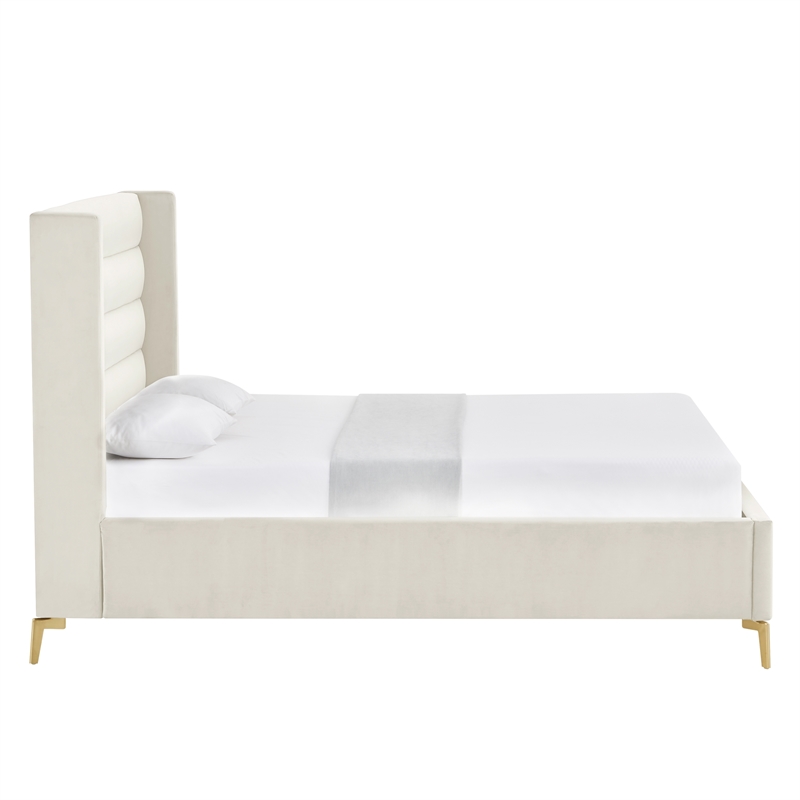 Posh Living Kaeson Upholstered Velvet & Wood Full Platform Bed in Cream White