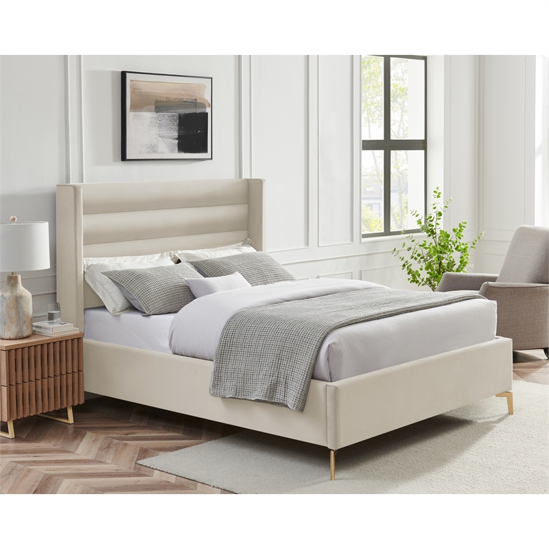 Posh Living Kaeson Upholstered Velvet & Wood King Platform Bed in Cream White