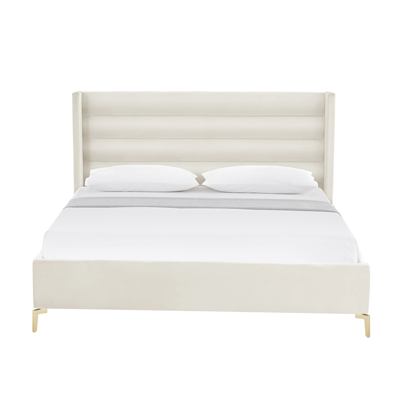 Posh Living Kaeson Upholstered Velvet & Wood King Platform Bed in Cream White