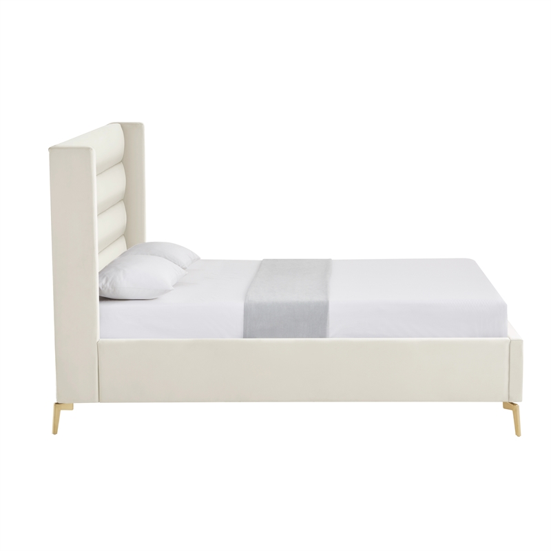 Posh Living Kaeson Upholstered Velvet & Wood King Platform Bed in Cream White