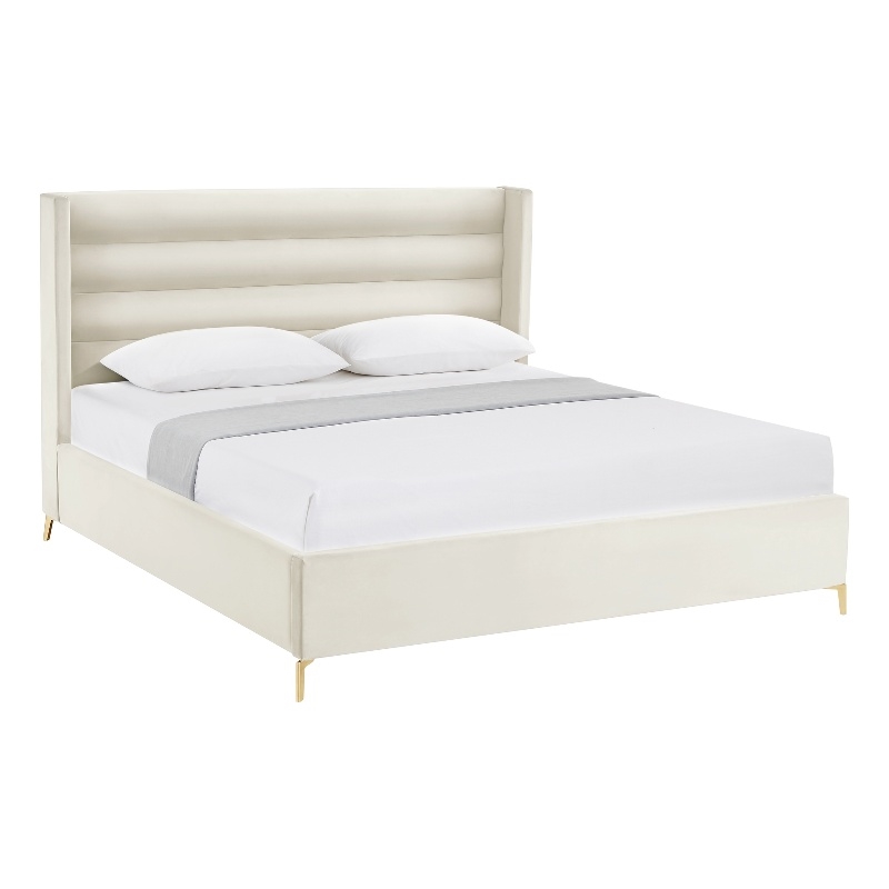 Posh Living Kaeson Upholstered Velvet & Wood King Platform Bed in Cream White