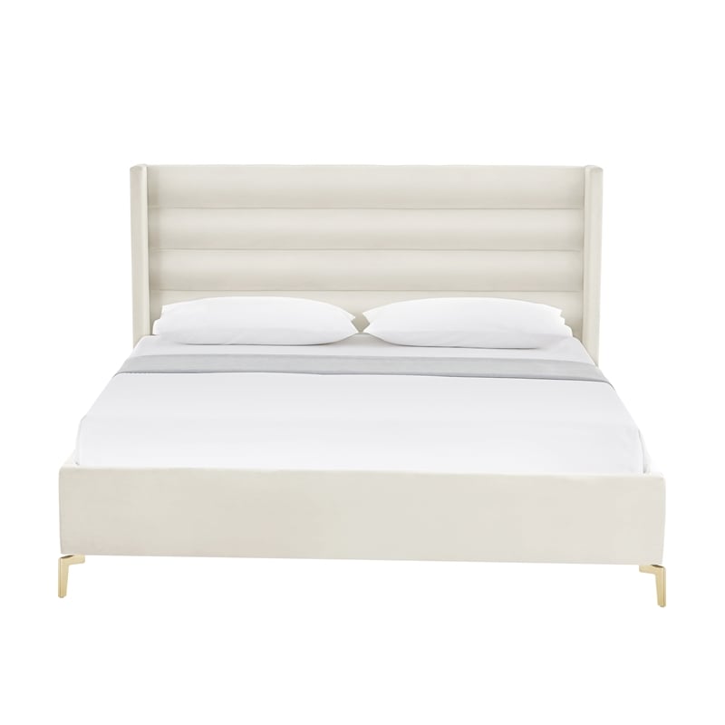 Posh Living Kaeson Upholstered Velvet & Wood Queen Platform Bed in Cream White