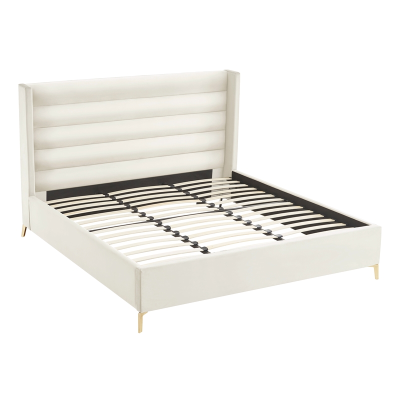 Posh Living Kaeson Upholstered Velvet & Wood Queen Platform Bed in Cream White