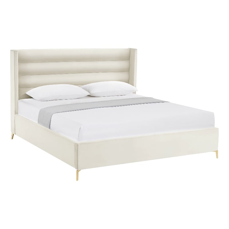 Posh Living Kaeson Upholstered Velvet & Wood Queen Platform Bed in Cream White