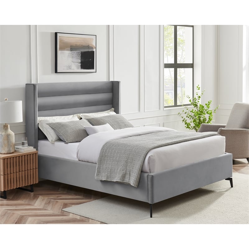 Posh Living Kaeson Upholstered Velvet & Wood King Platform Bed in Light Gray
