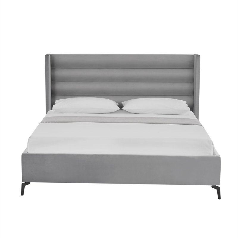 Posh Living Kaeson Upholstered Velvet & Wood King Platform Bed in Light Gray
