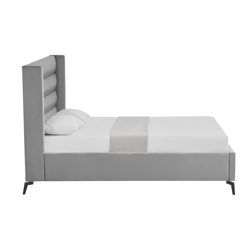 Posh Living Kaeson Upholstered Velvet & Wood King Platform Bed in Light Gray