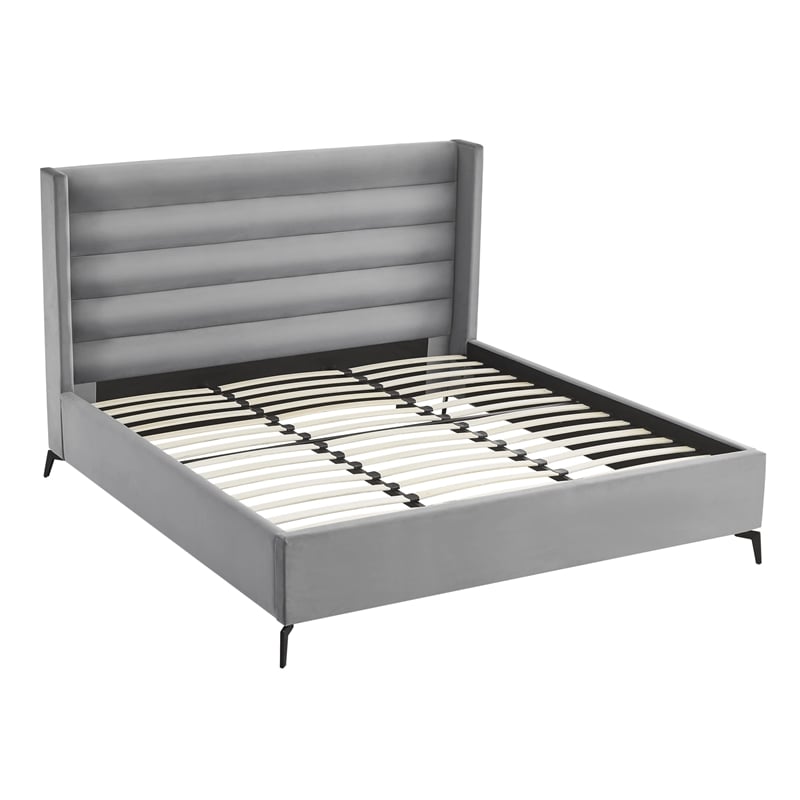 Posh Living Kaeson Upholstered Velvet & Wood King Platform Bed in Light Gray