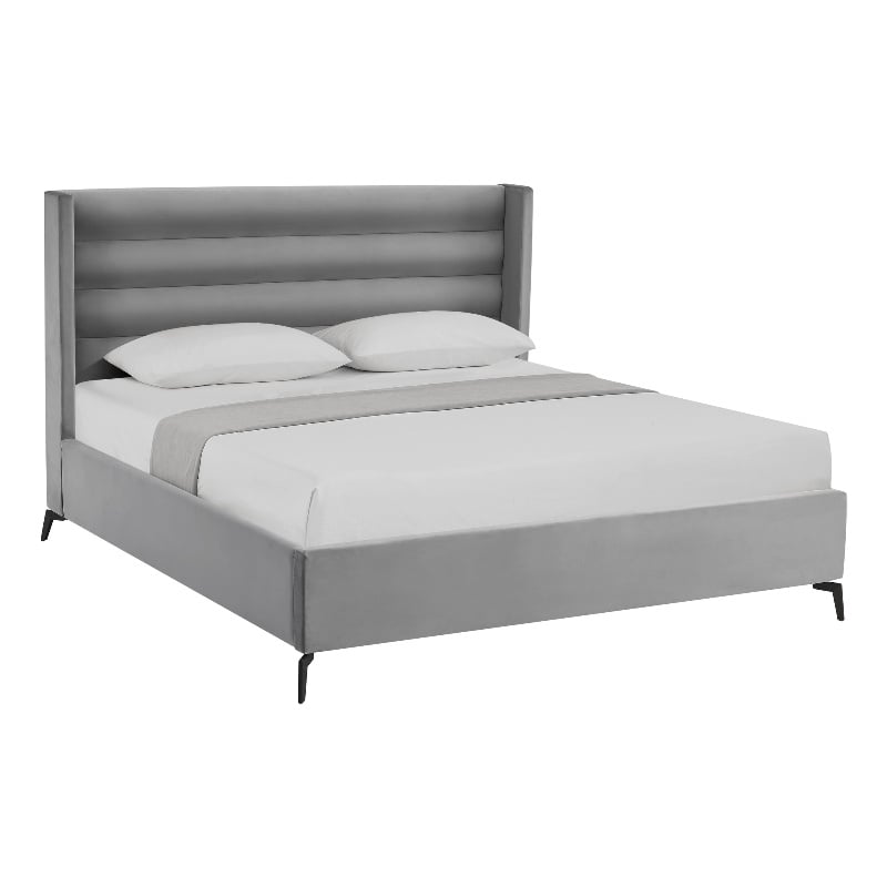 Posh Living Kaeson Upholstered Velvet & Wood King Platform Bed in Light Gray