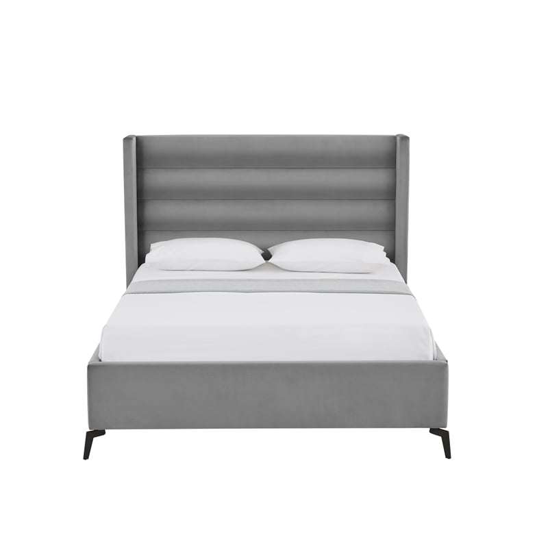 Posh Living Kaeson Upholstered Velvet & Wood Queen Platform Bed in Light Gray