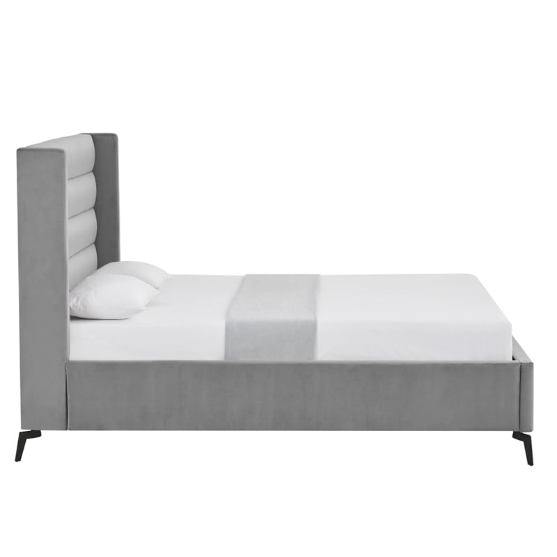 Posh Living Kaeson Upholstered Velvet & Wood Queen Platform Bed in Light Gray
