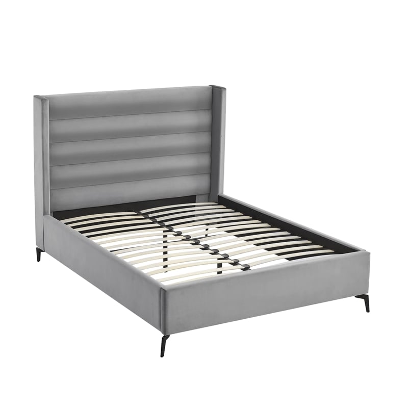 Posh Living Kaeson Upholstered Velvet & Wood Queen Platform Bed in Light Gray
